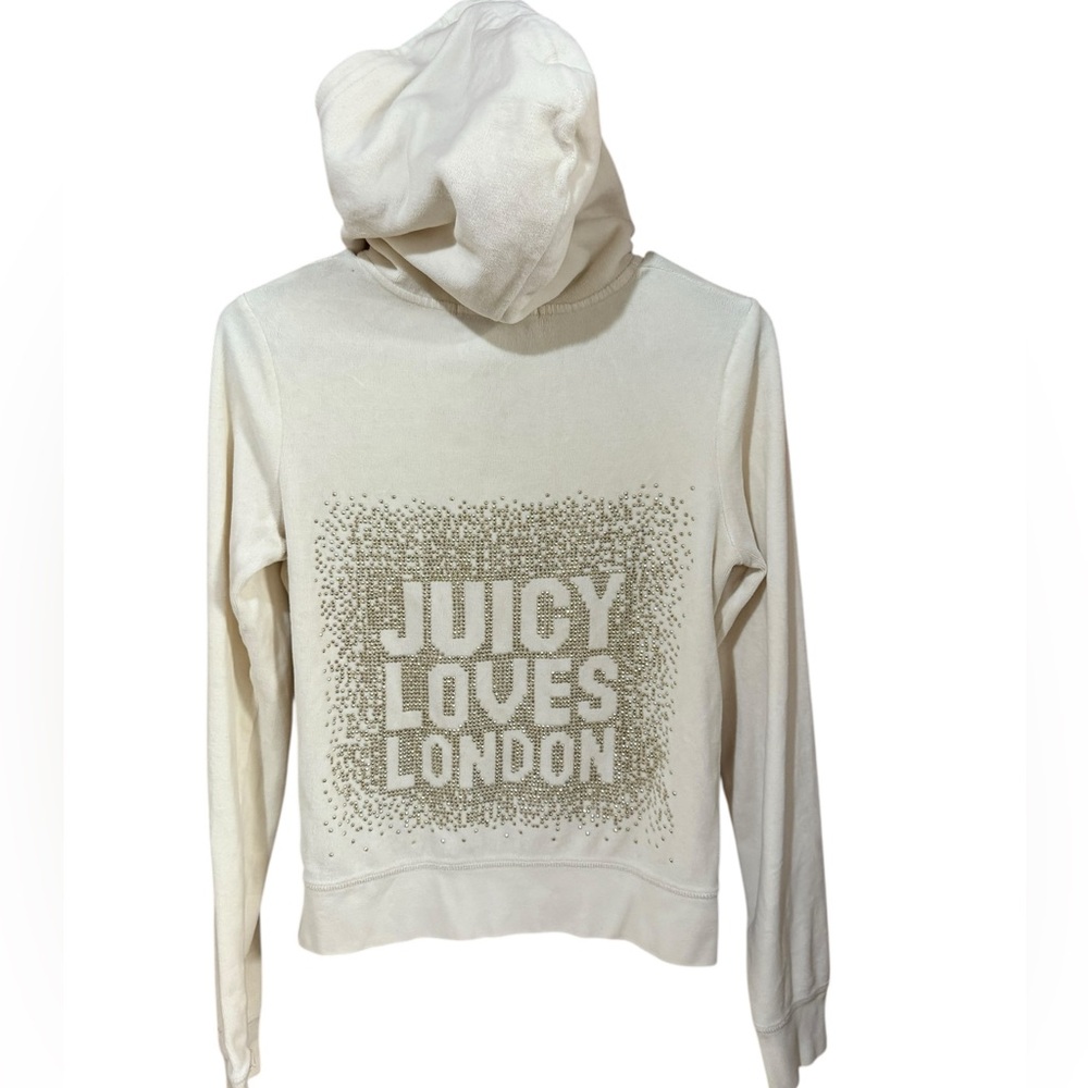 Y2K Juicy Couture Juicy Loves London Gold Bedazzled Cream Velour Hoodie Jacket